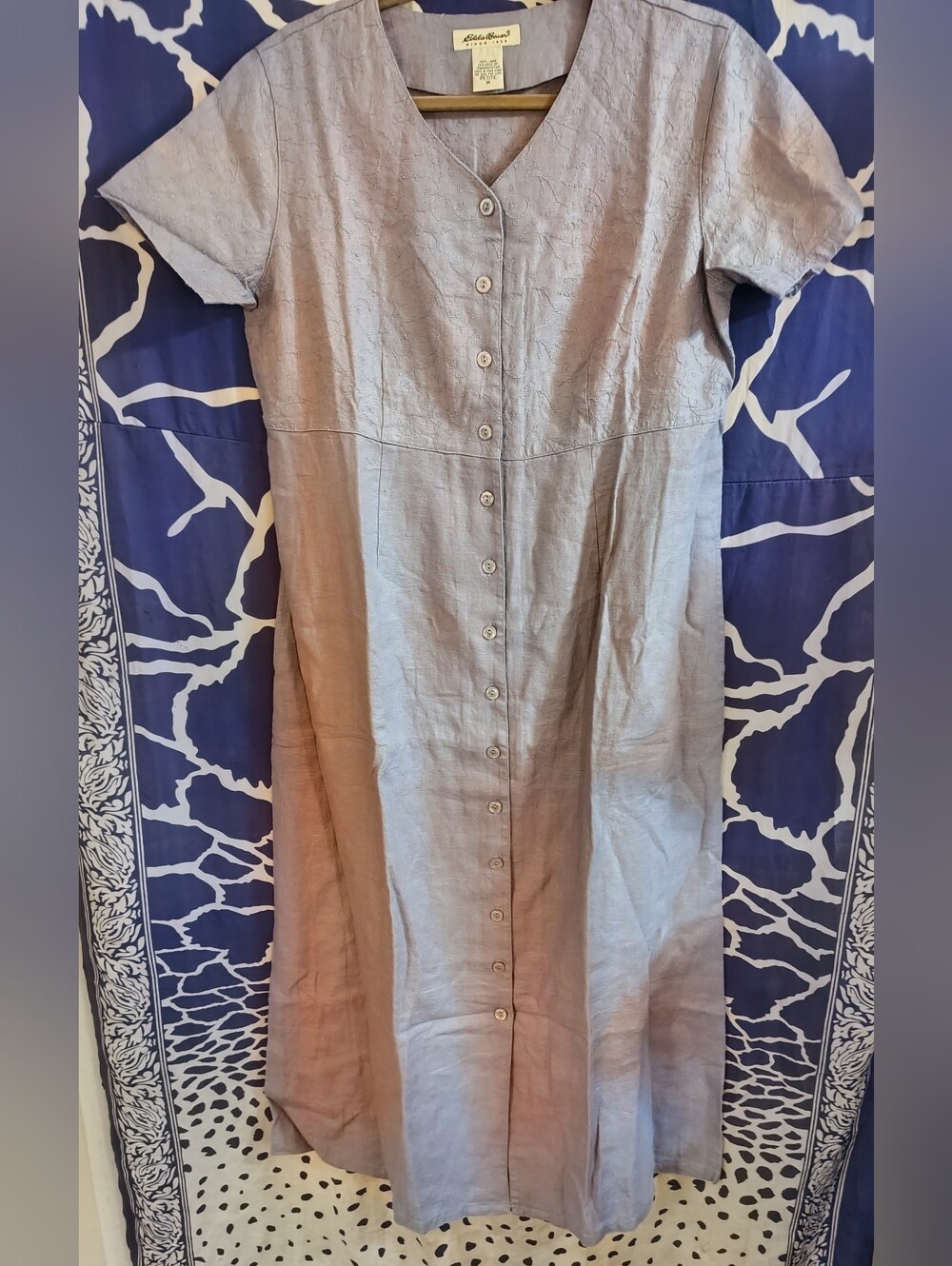 Lovely Vintage 90s Eddie Bauer 100 Linen Button Front Embroidered Dress Petite M